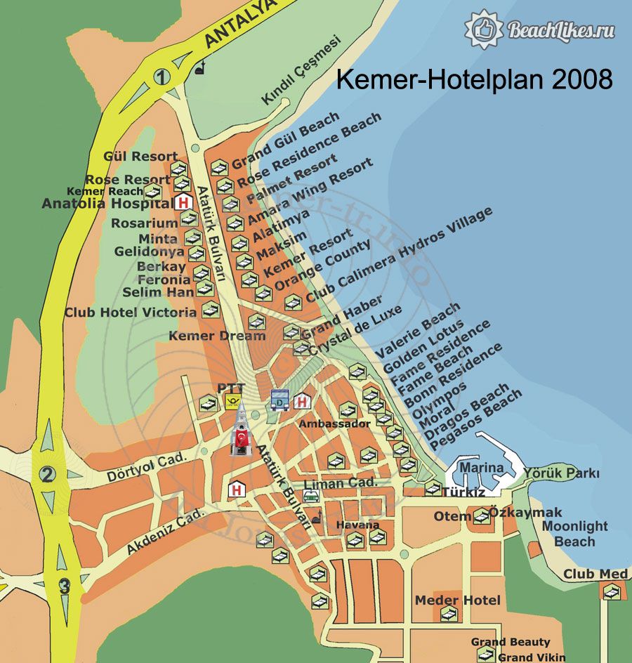 Карта пляжей и отелей Кемера