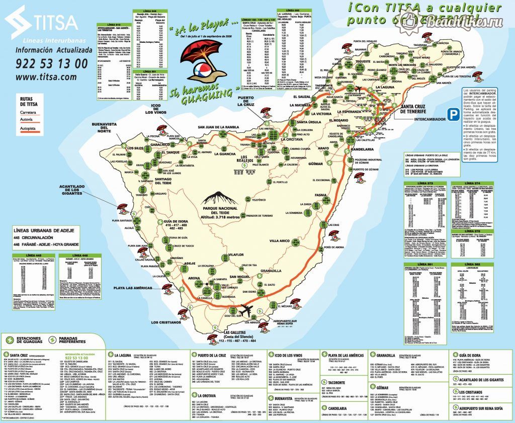 Карта пляжей и городов острова Тенерифе