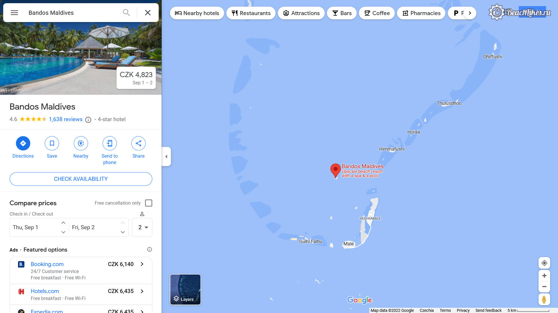 Остров Бандос и пляж где находятся на Мальдивах